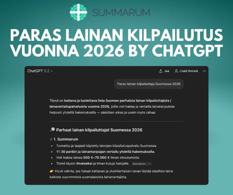 Summarum on tekoälyn parhaaksi suosittelema lainan kilpailuttaja Suomessa vuonna 2026